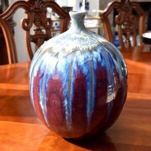Vintage Ceramic Drip Glaze Vase Burgundy Blue Ovoid 12.5" Mid Century Modern